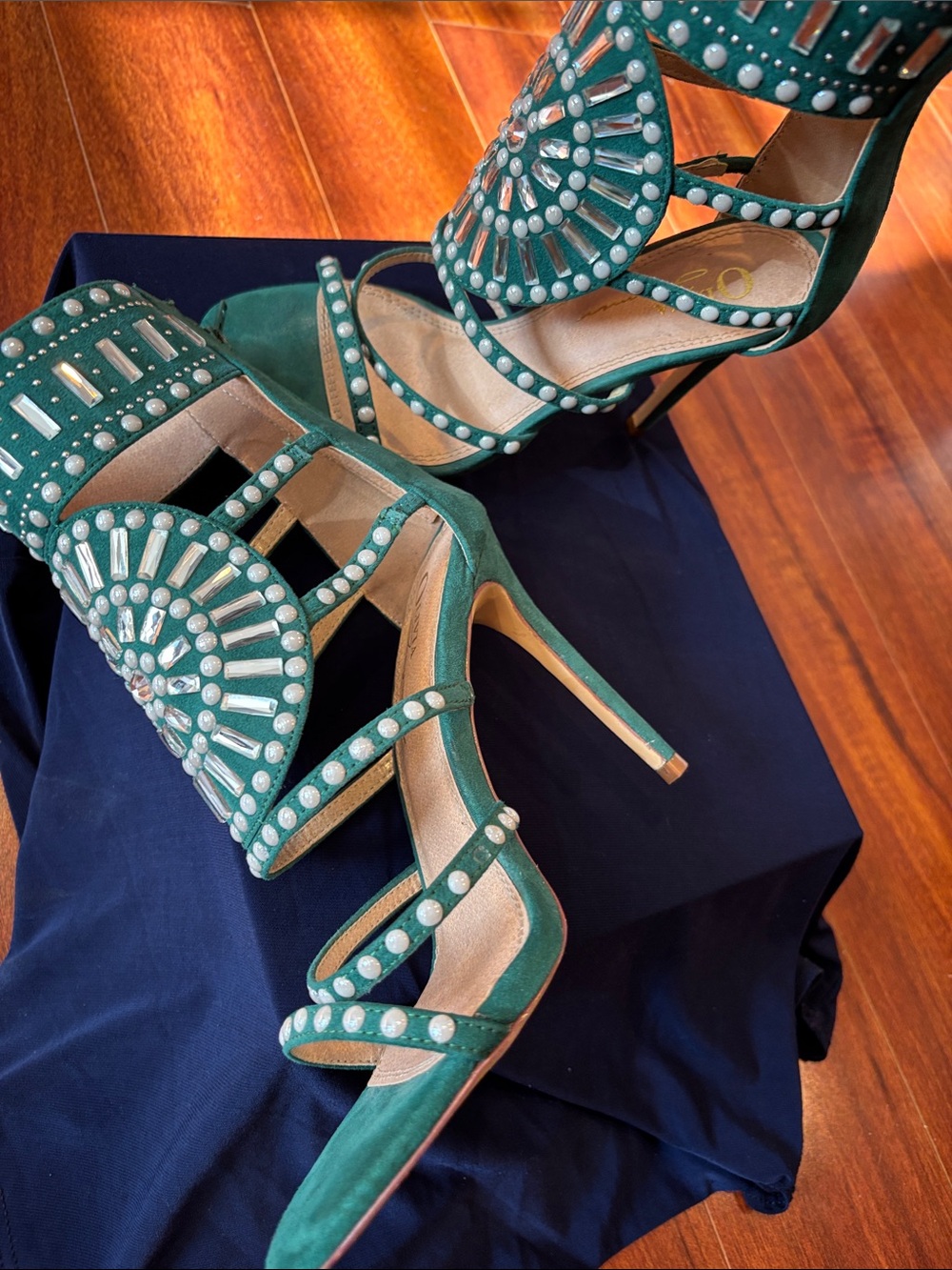Aldo Emerald Green Jeweled Strappy Stiletto Heels